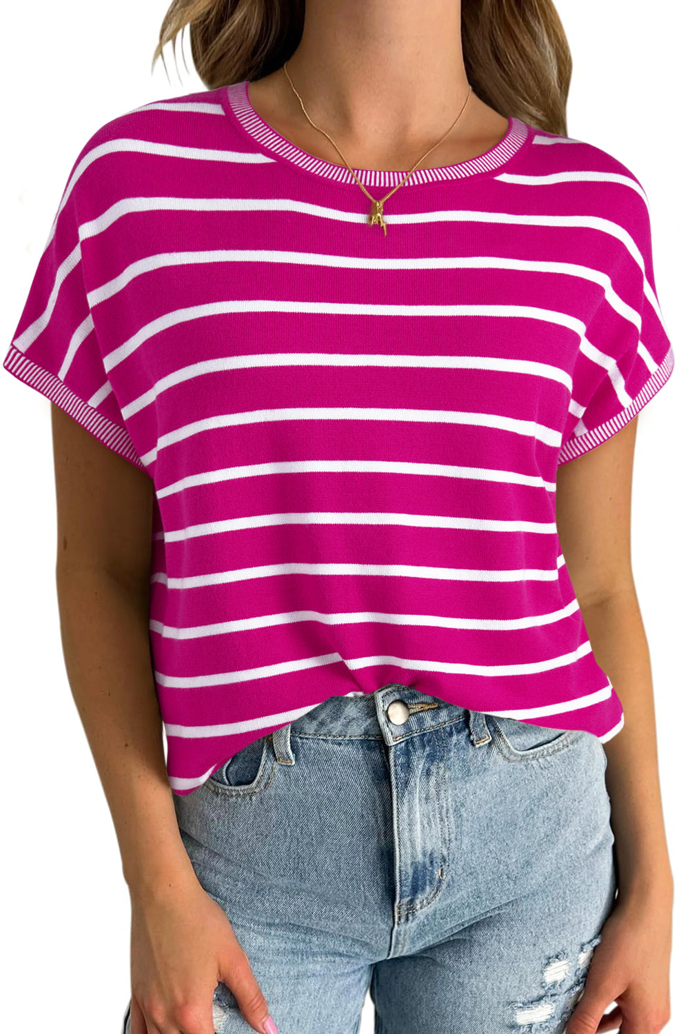 Striped Casual Knit Tee – Rose Stripe