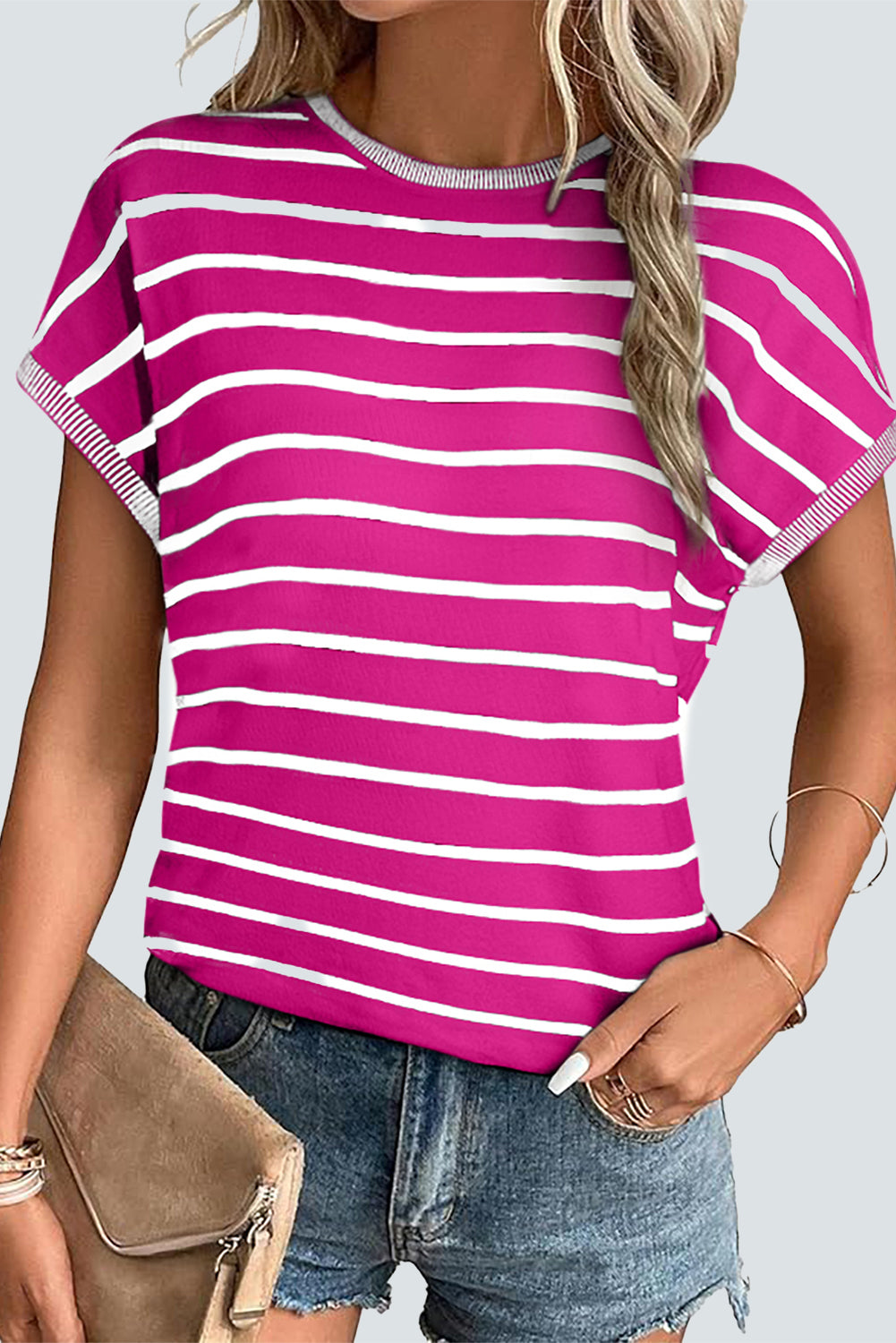 Striped Casual Knit Tee – Rose Stripe