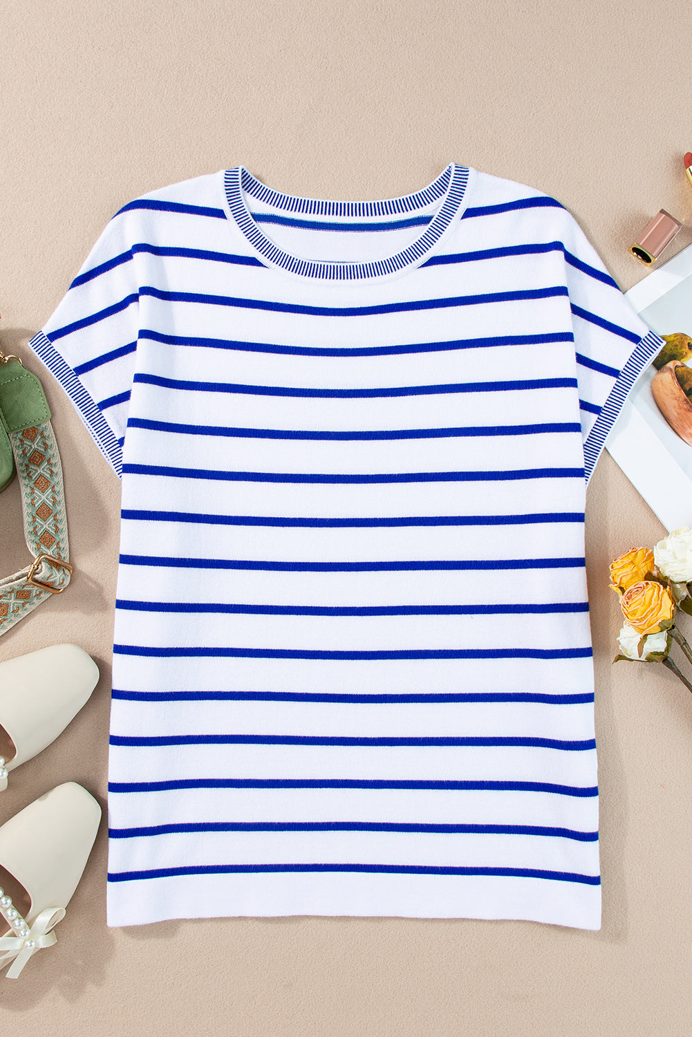 Striped Casual Knit Tee – Rose Stripe