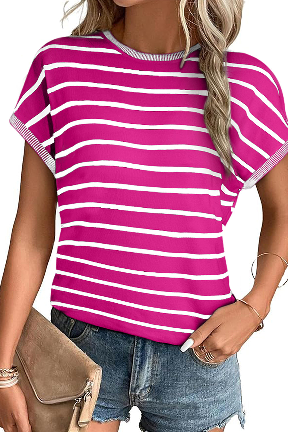Striped Casual Knit Tee – Rose Stripe
