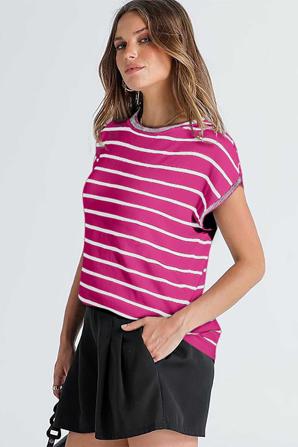 Striped Casual Knit Tee – Rose Stripe