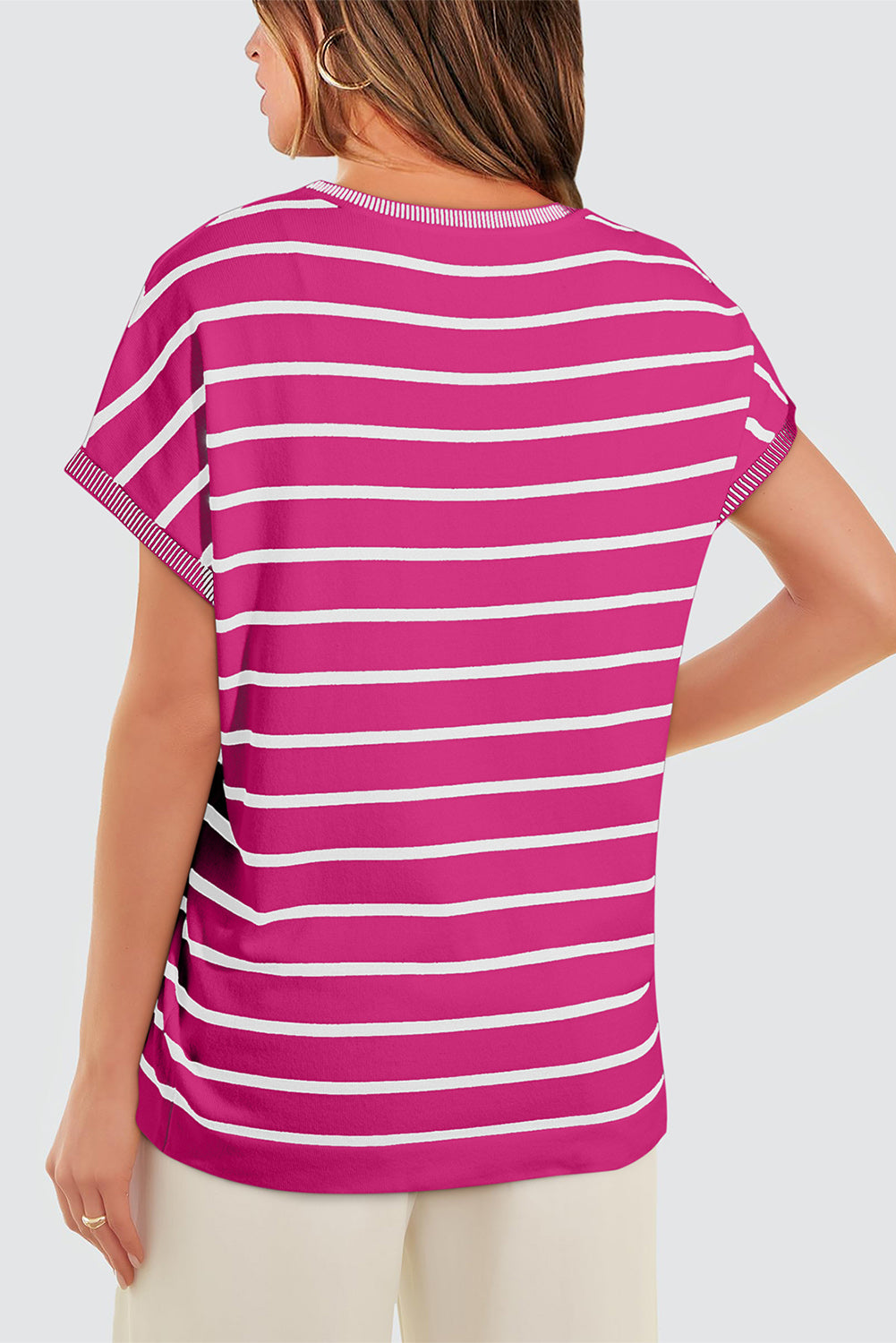 Striped Casual Knit Tee – Rose Stripe